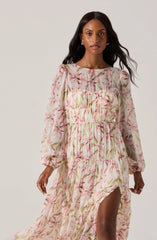 Pleated Chiffon Floral Midi Dress