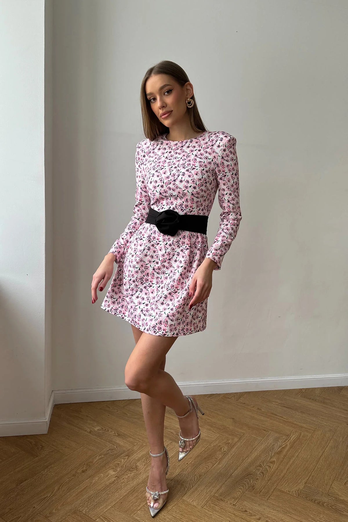 Long Sleeve Mini Dress with removable Rose belt