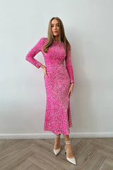 Sequin Decorated Velvet Long Sleeve Midi Dress