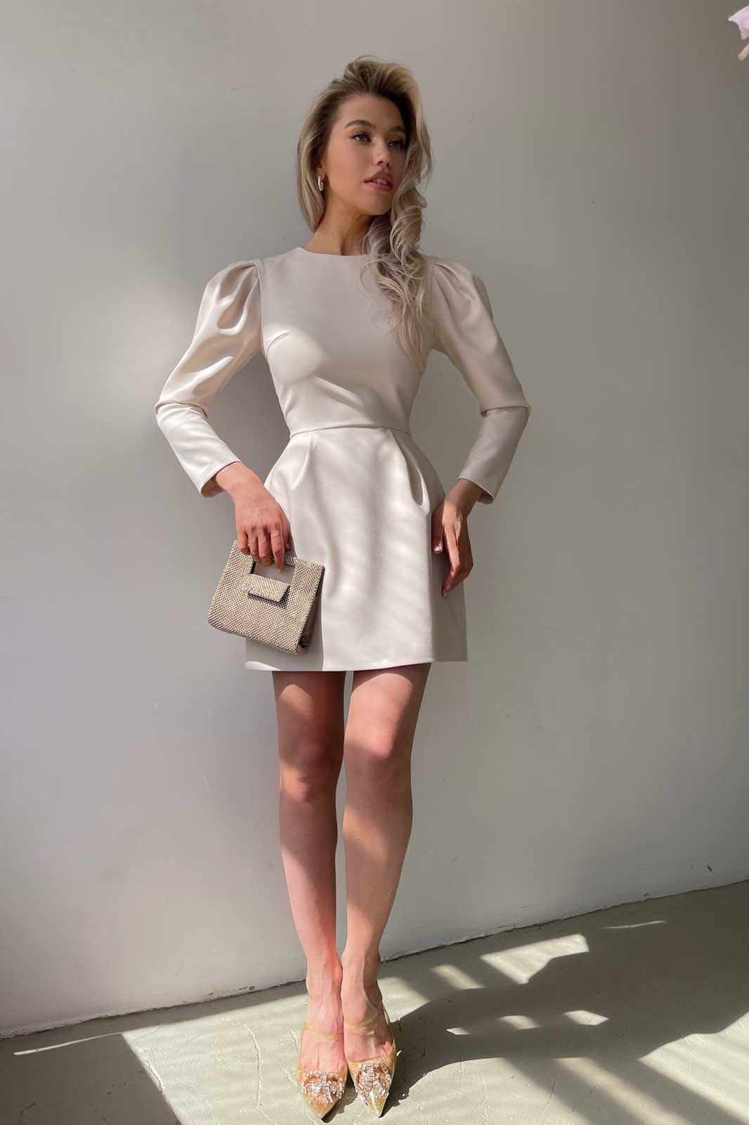 Pleated Long Sleeve Mini Dress