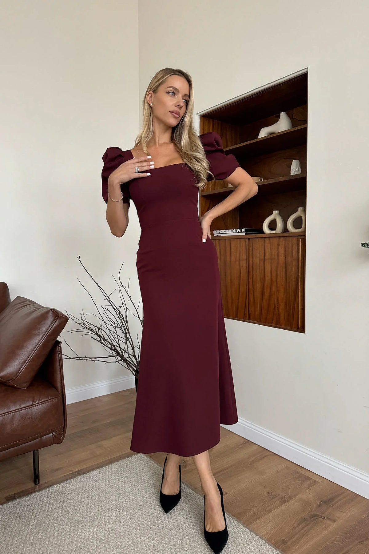 Godet Silhouette Square Neck Midi Dress