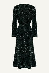 Sequin Decorated Velvet Long Sleeve Midi Dress