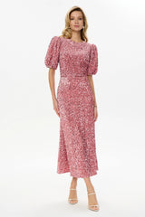 Sequin Decorated Velvet Puff Sleeve Midi Dress
