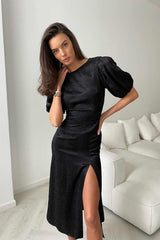 Viscose Puff Sleeve Slit Midi Dress