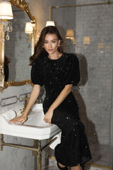 Sequin Decorated Velvet Puff Sleeve Midi Dress