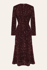 Sequin Decorated Velvet Long Sleeve Midi Dress
