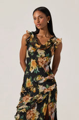 Alinta Floral Ruffle Cowl Neck Midi Dress
