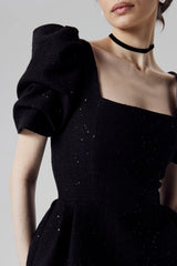 Square Neck Short Sleeve Tweed Top