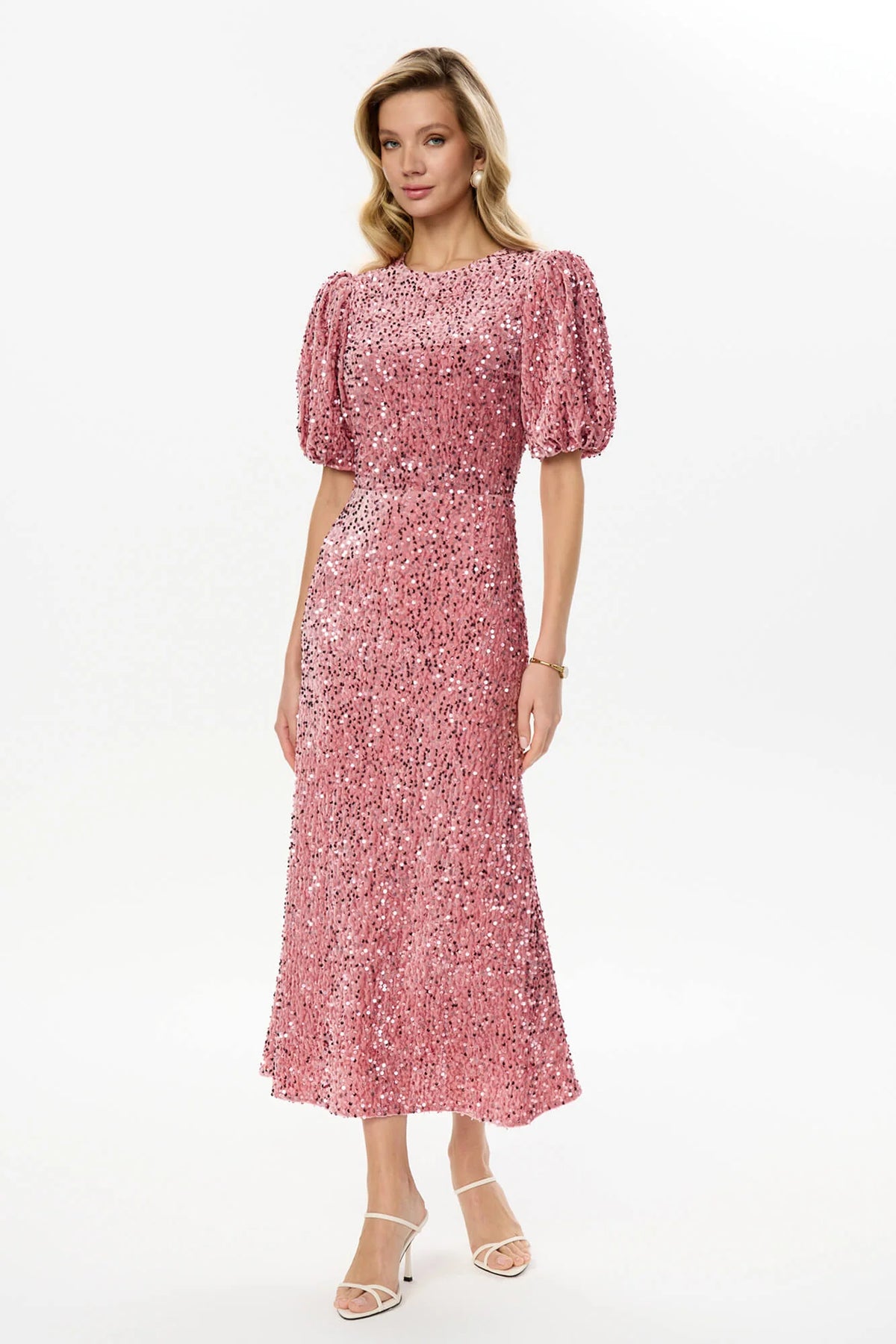 Sequin Decorated Velvet Puff Sleeve Midi Dress