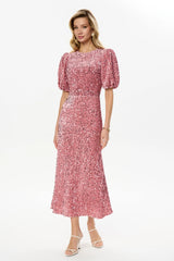 Sequin Decorated Velvet Puff Sleeve Midi Dress