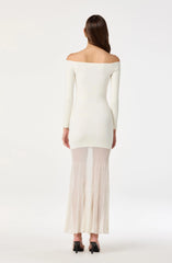 Off Shoulder Mesh Panel Hem Maxi Dress