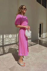 Viscose Puff Sleeve Slit Midi Dress