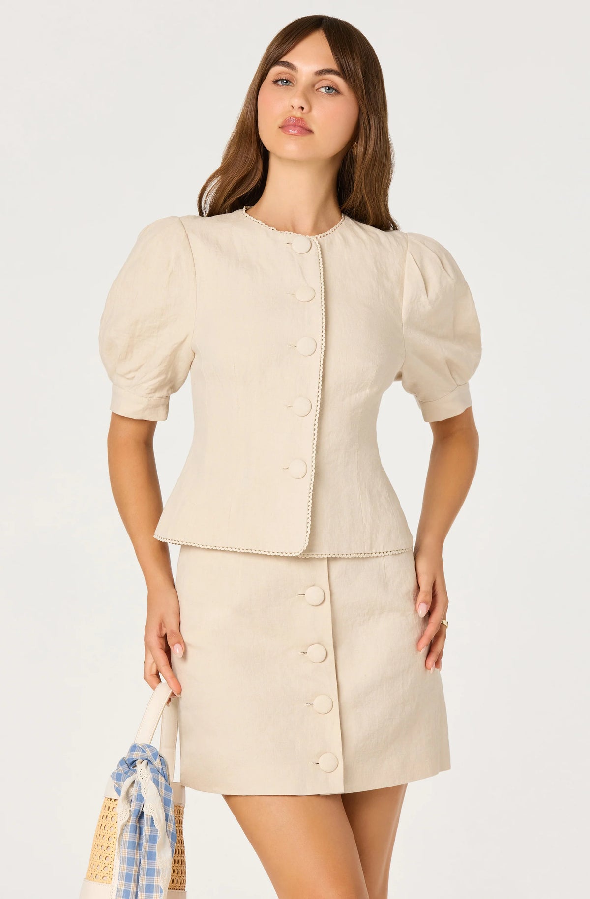Cailey Linen Puff Sleeve Button-Front Top