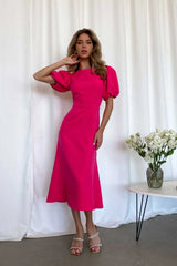 Godet Silhouette Puff Sleeve Midi Dress