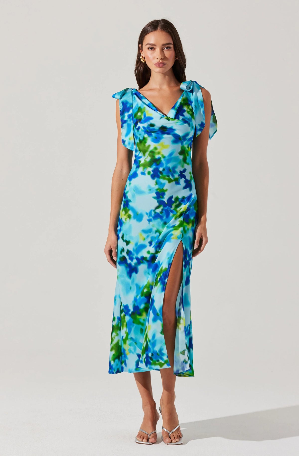Allexina Satin Cowl Neck Midi Dress