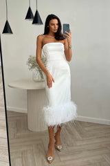 Feather Detail Satin Sheath Dress