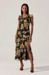 Alinta Floral Ruffle Cowl Neck Midi Dress