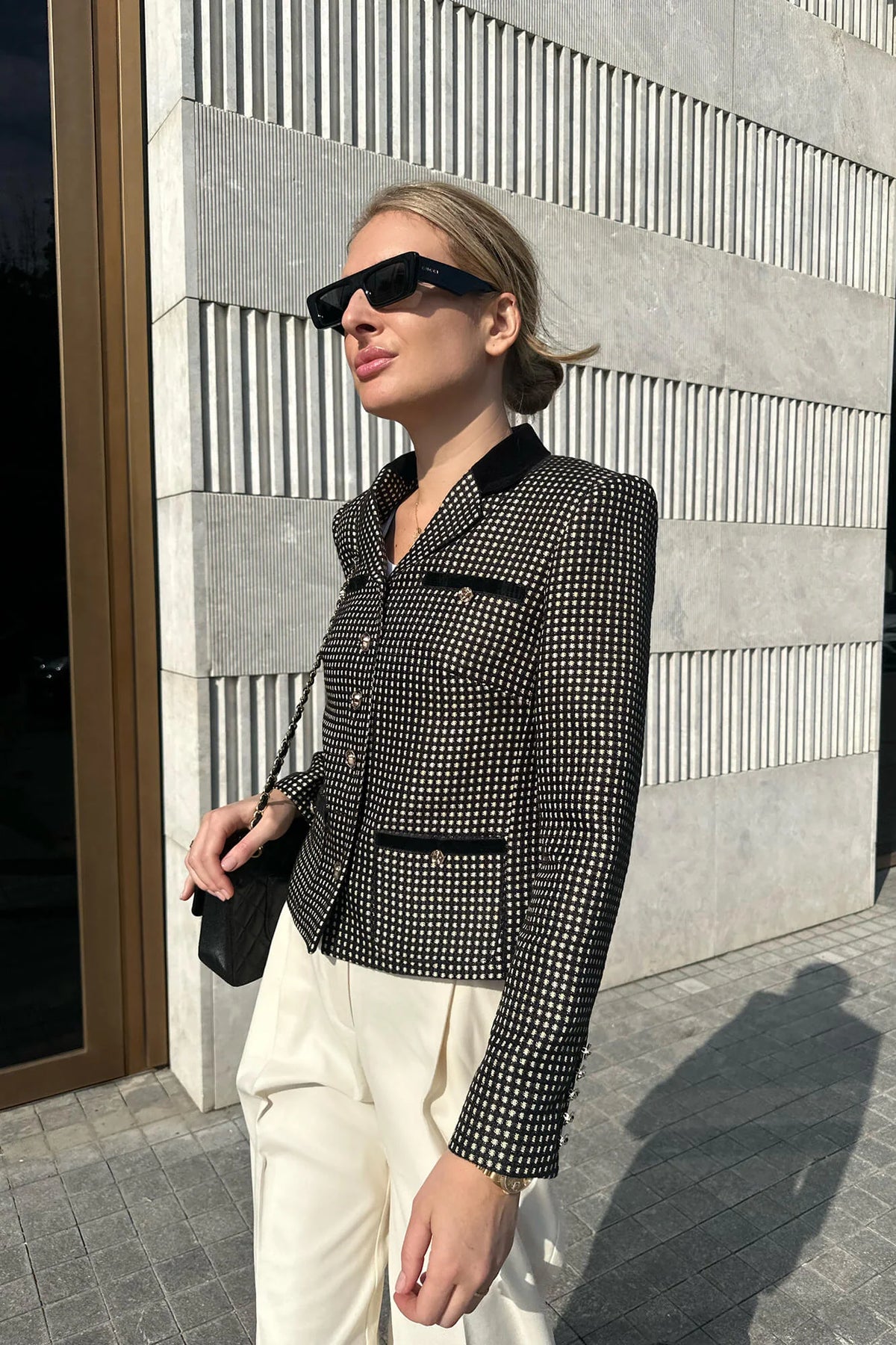 Single Breasted Velvet Trim Plaid Jacket