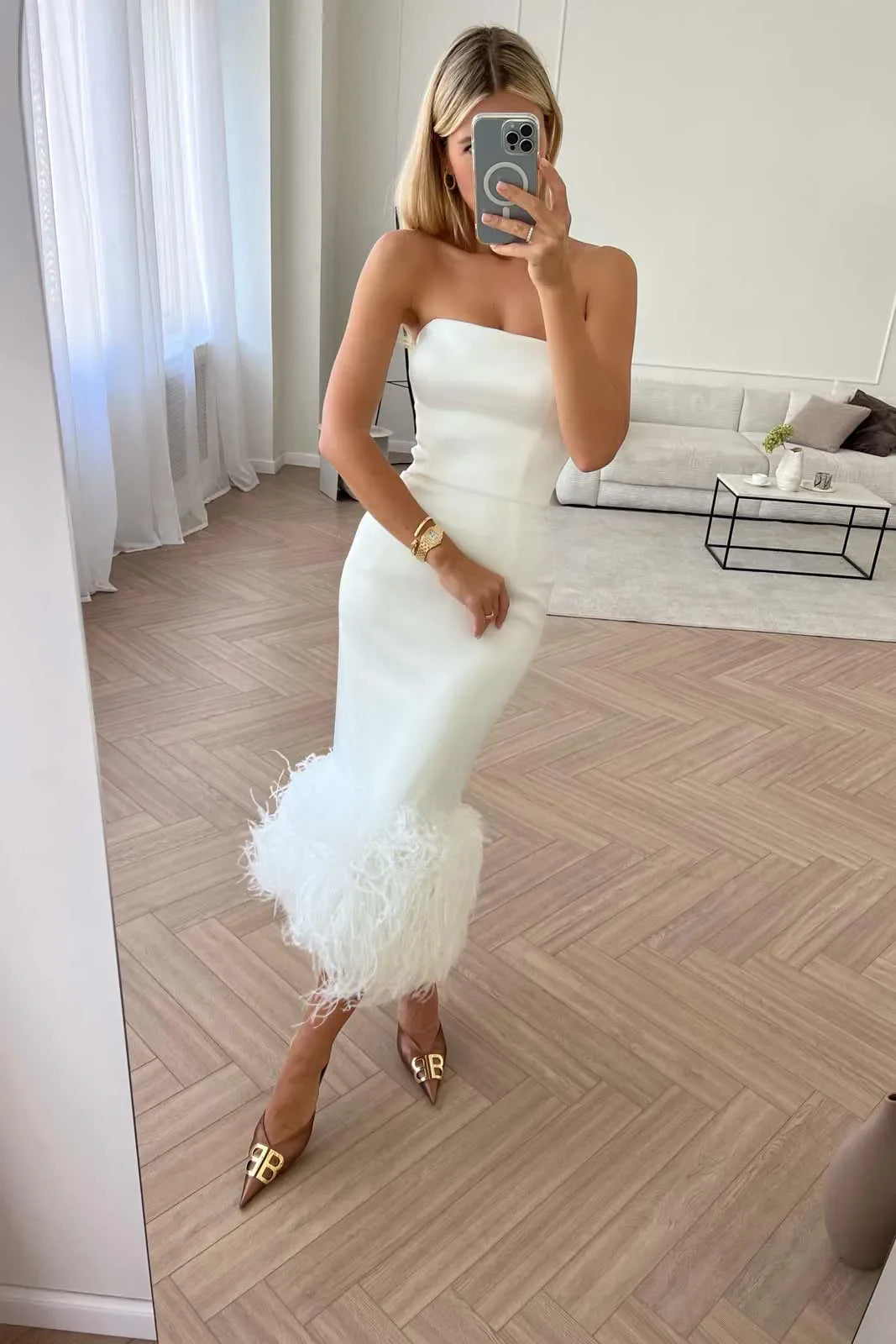 Feather Detail Satin Sheath Dress