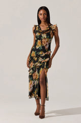 Alinta Floral Ruffle Cowl Neck Midi Dress