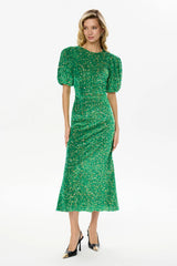 Sequin Decorated Velvet Puff Sleeve Midi Dress