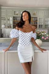 Polka-Dot Puffy Sleeve Bustier Crop Top