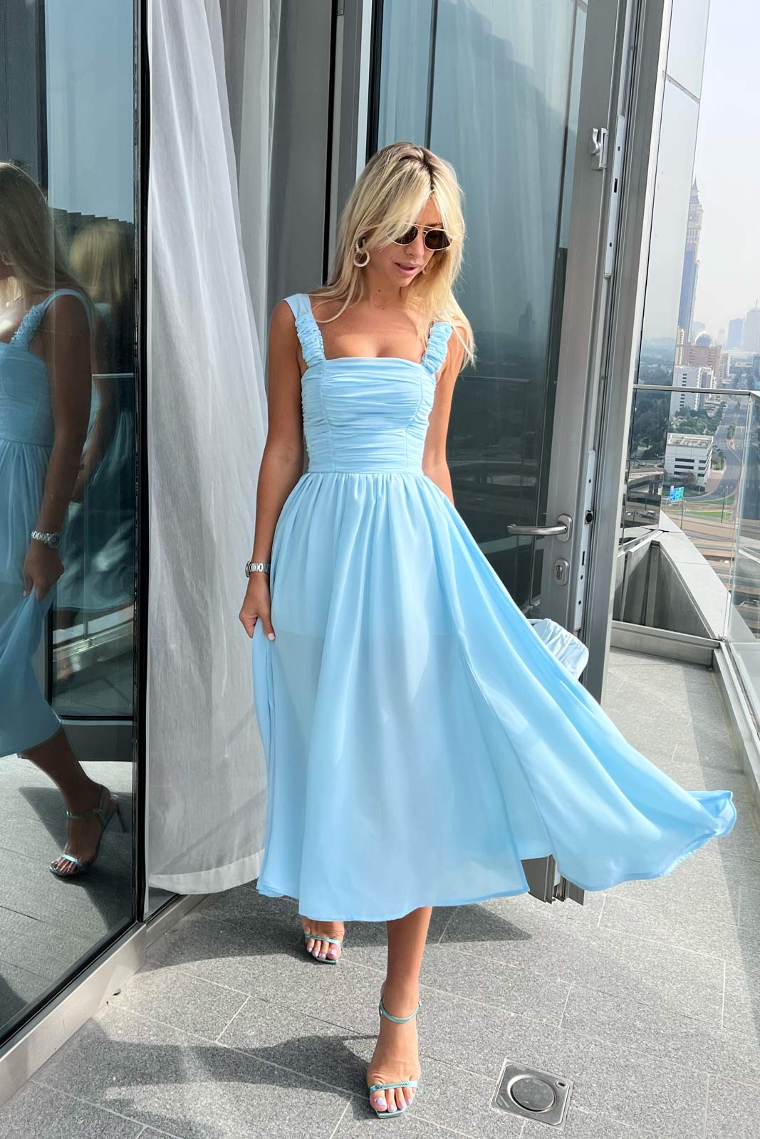 Draped Bodice Chiffon Midi Dress