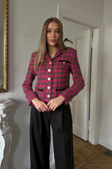 Single Breasted Velvet Trim Plaid Jacket