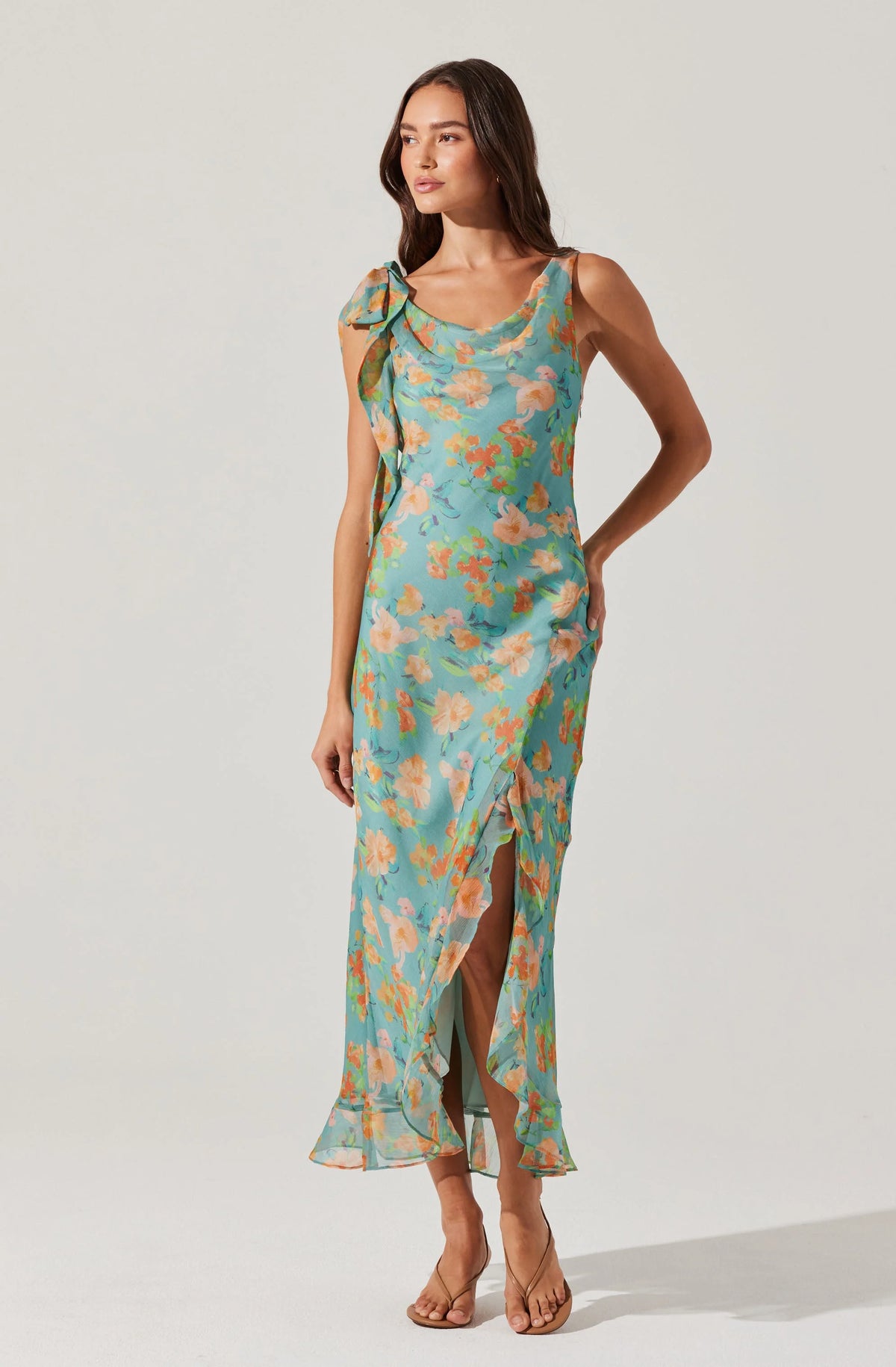 Isabelle Ruffled Cowl Neck Floral Midi Dress