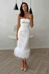 Feather Detail Satin Sheath Dress