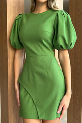 Asymmetric Hem Puff Sleeve Mini Dress
