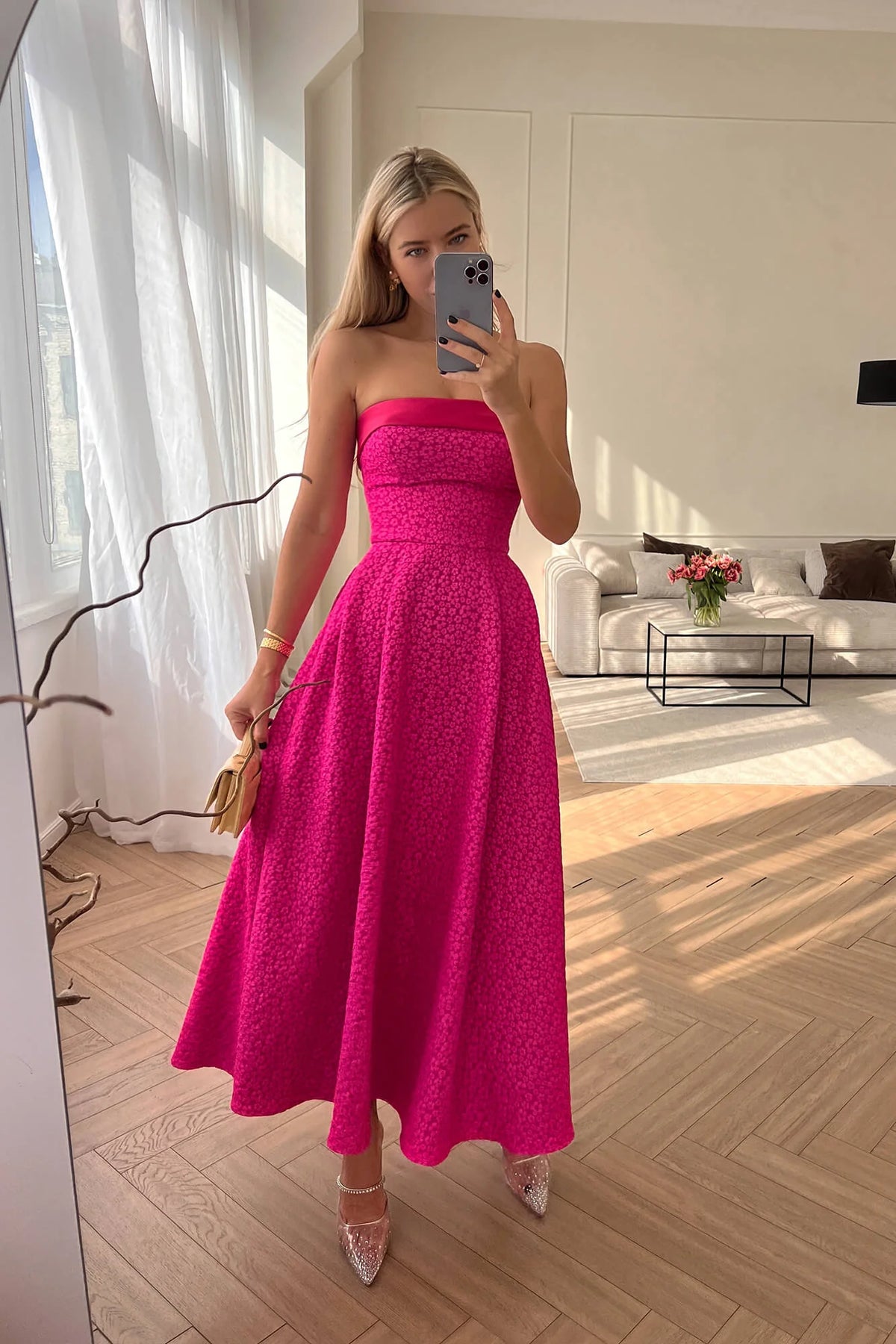 Jacquard Midi Dress with Satin Turn-up