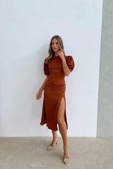 Viscose Puff Sleeve Slit Midi Dress
