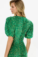 Sequin Decorated Velvet Puff Sleeve Midi Dress