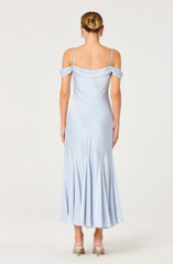 Araxie Satin Off-Shoulder Godet Midi Dress