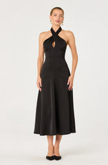 Satin Crossover Halter Midi Dress