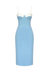 Midi length dress with a combined bodice detail