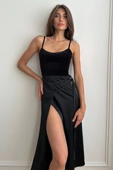 Velvet Bodice Decorated Straps Midi Dress