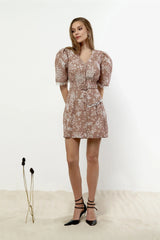 Lace Decorated Button Front Mini Dress with Belt