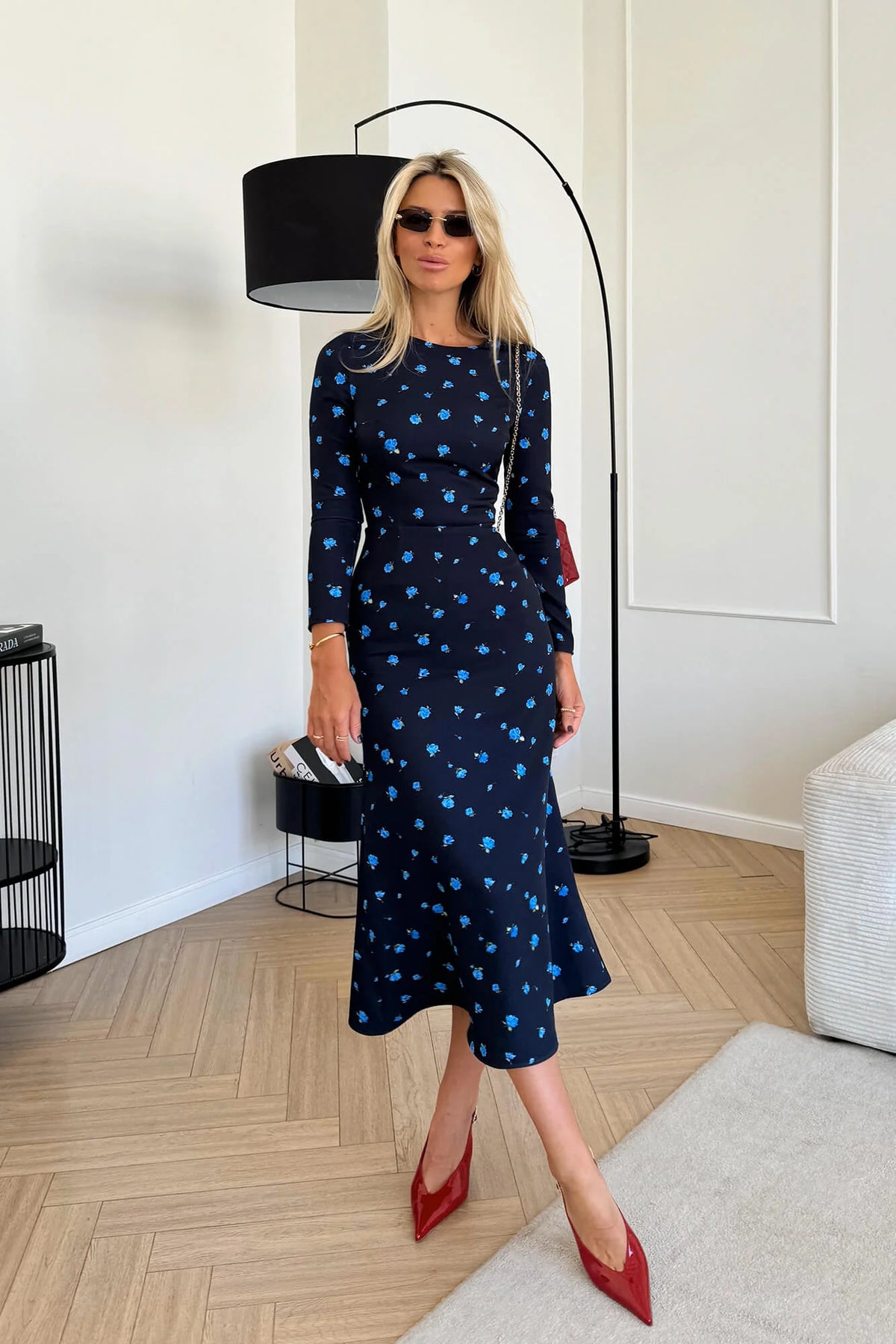 Godet Silhouette Long Sleeve Floral Midi Dress