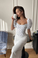 Polka-Dot Puffy Sleeve Bustier Crop Top