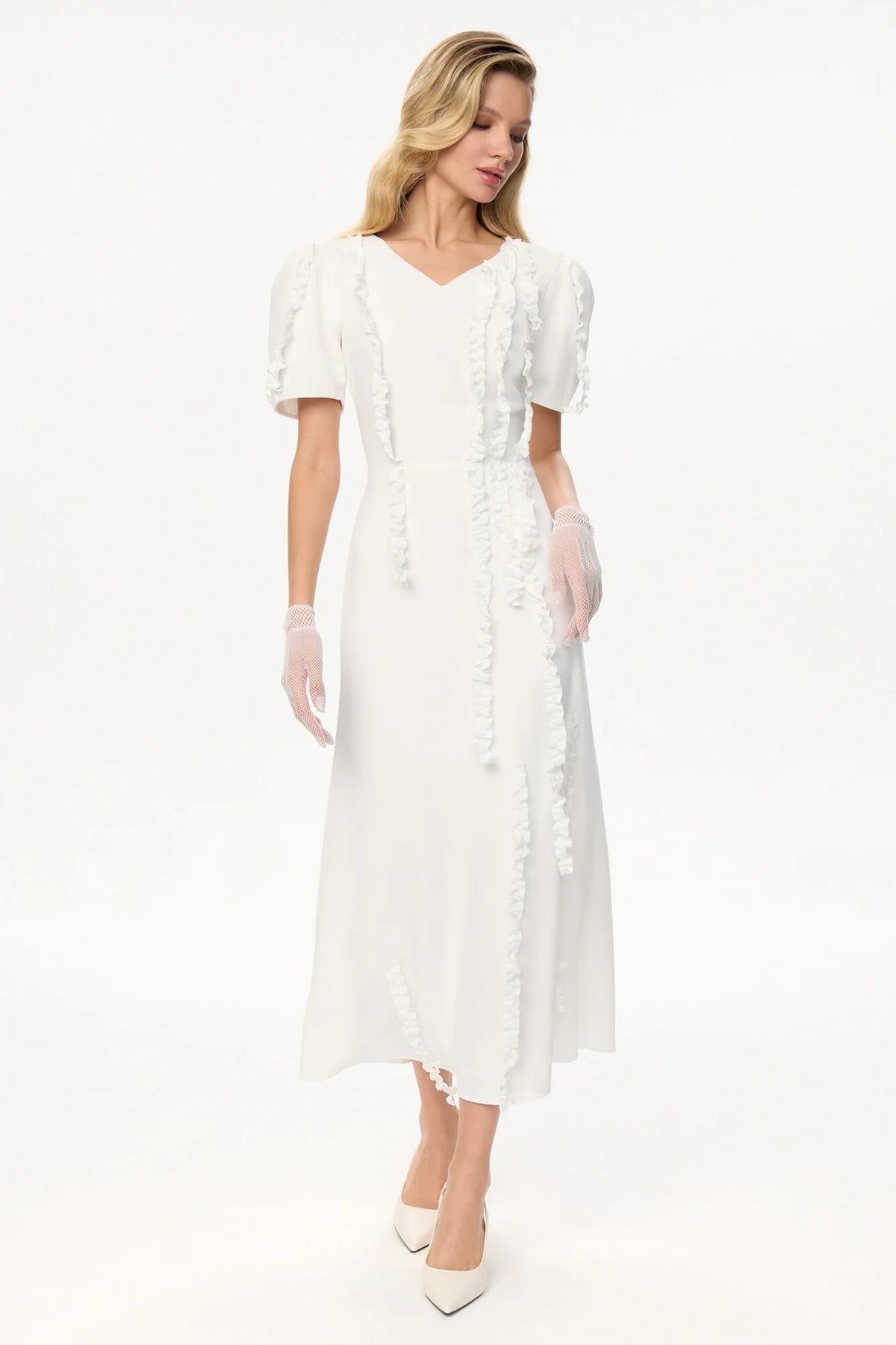 Short Sleeve Ruffle Detail Midi Dress