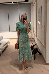 Sequin Decorated Velvet Puff Sleeve Midi Dress