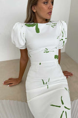 Voluminous Sleeve Abstract Print Midi Dress
