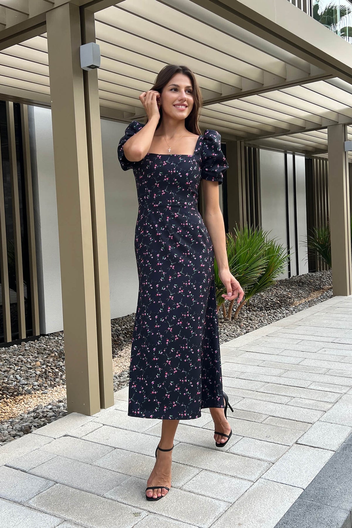 Godet Silhouette Square Neck Midi Dress