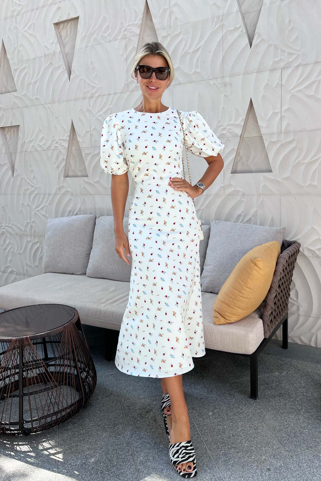 Puff Sleeve Printed Midi Dress