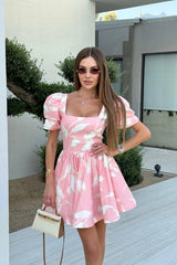 Square Neck Puff Sleeve Mini Dress