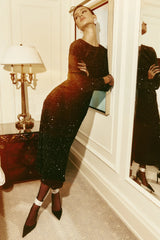 Sequin Decorated Velvet Long Sleeve Midi Dress