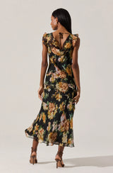 Alinta Floral Ruffle Cowl Neck Midi Dress
