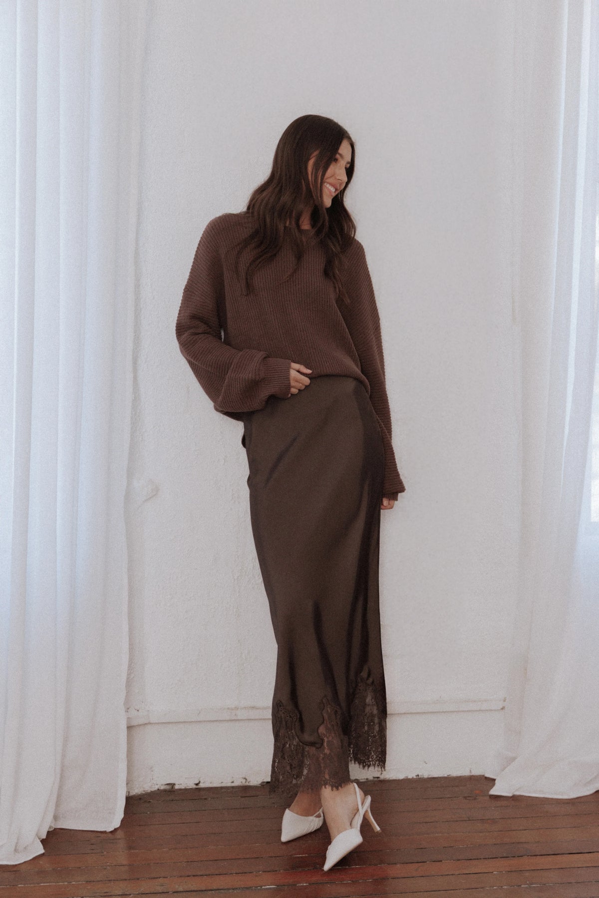 Alira Lace Trim Midi Skirt - Brown